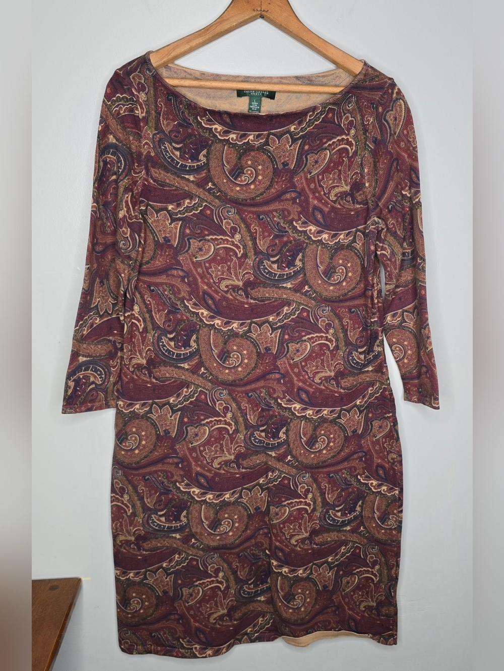 Lauren Ralph Lauren Womens Paisley Boat Neck 3/4 Sleeve Sheath Dress Burgundy L